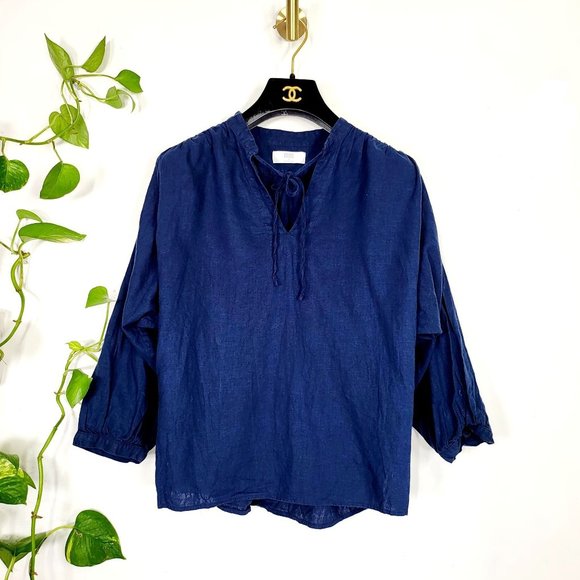 UNIQLO Navy Blue Linen Loose Top SMALL Basic Solid Long Sleeves Tie V-Neck